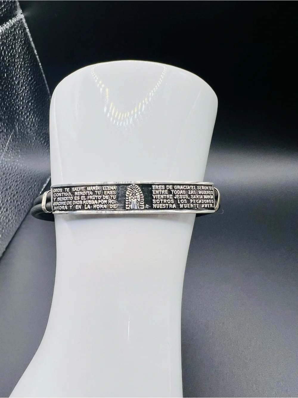 Men's Black Rubber and Sterling Silver 925 Prayer cuff, adjustable cuff